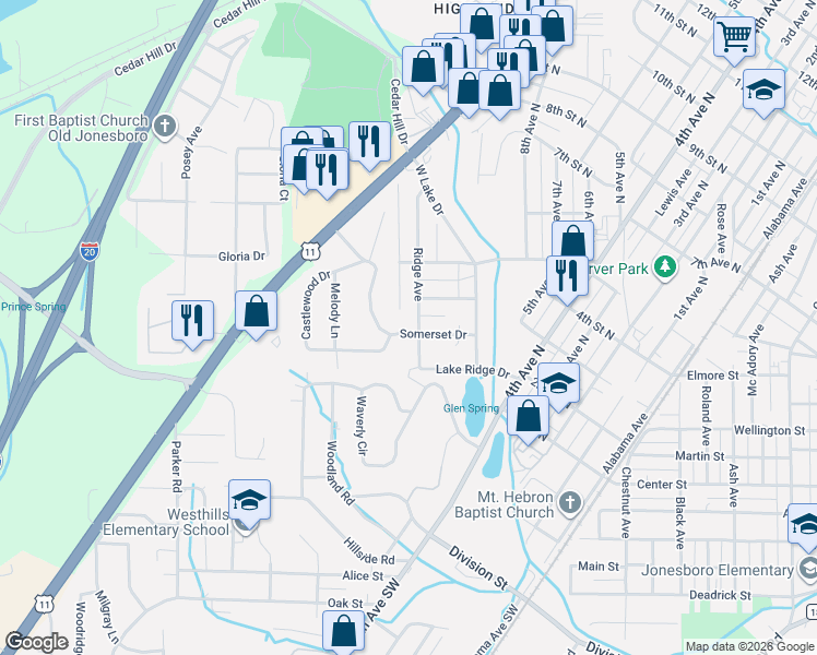 map of restaurants, bars, coffee shops, grocery stores, and more near 602 Castlewood Drive in Bessemer