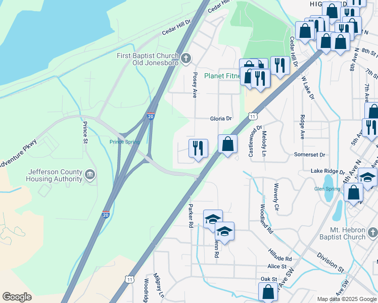 map of restaurants, bars, coffee shops, grocery stores, and more near 312 West Lake Circle Southwest in Bessemer