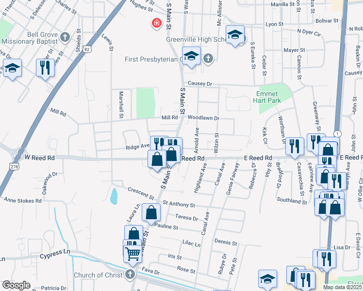 map of restaurants, bars, coffee shops, grocery stores, and more near 111 Crittenden Street in Greenville