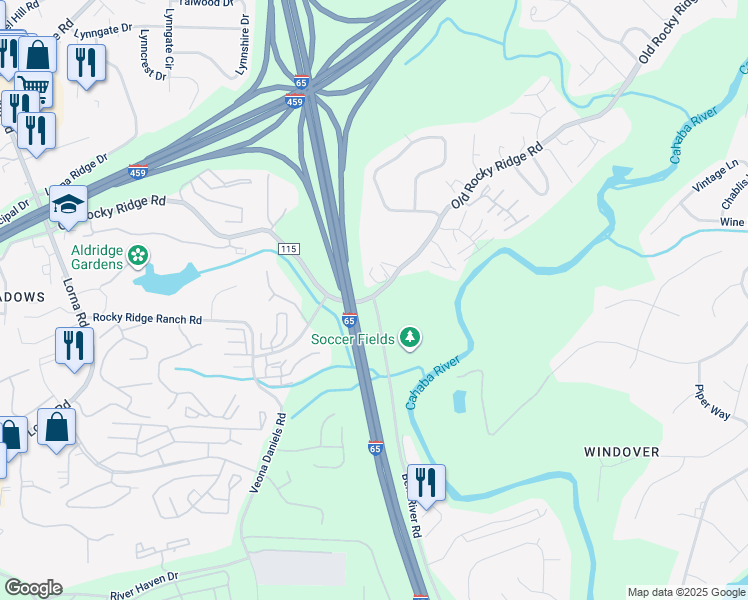 map of restaurants, bars, coffee shops, grocery stores, and more near 3505 Bent River Road in Birmingham
