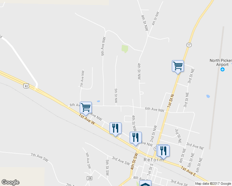 map of restaurants, bars, coffee shops, grocery stores, and more near 5th Street Northwest in Reform