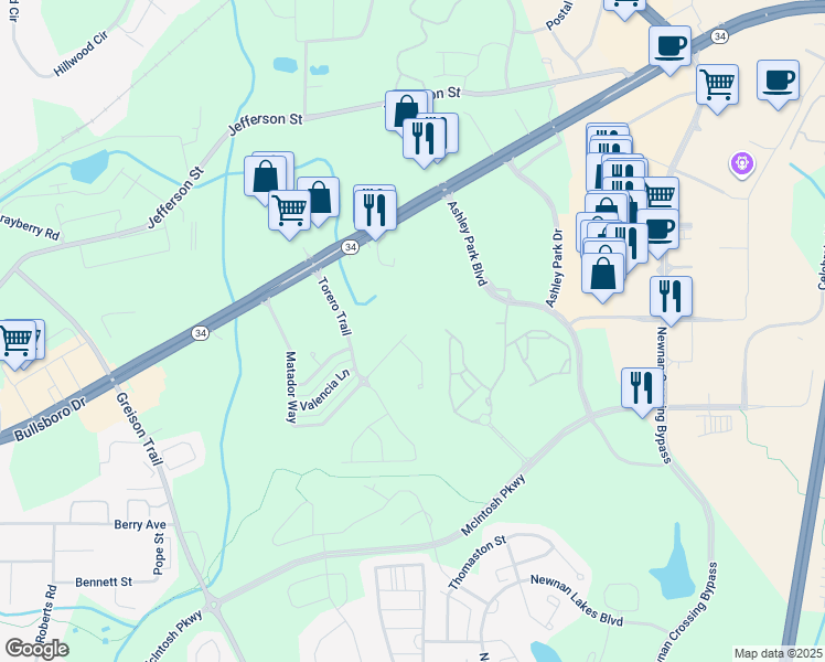 map of restaurants, bars, coffee shops, grocery stores, and more near 93 Matador Way in Newnan