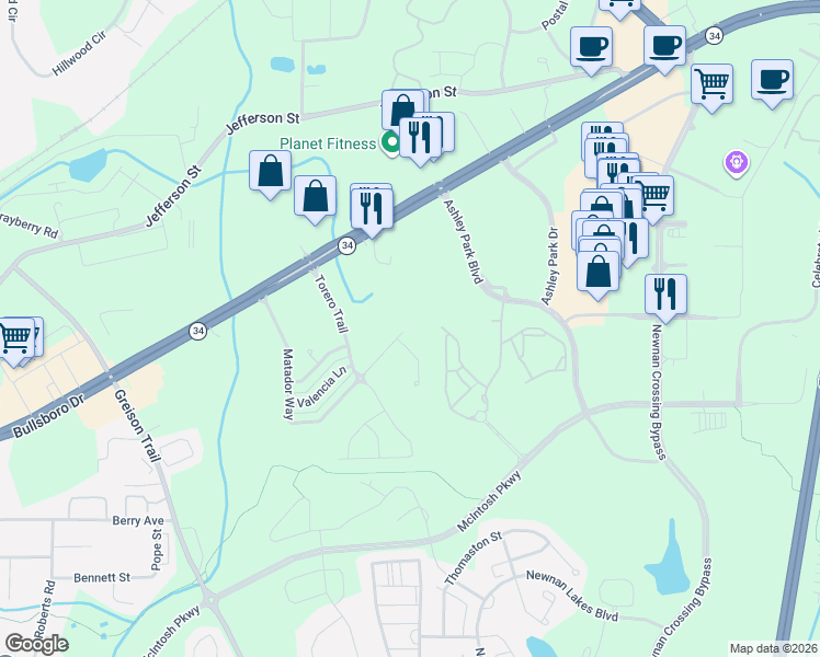 map of restaurants, bars, coffee shops, grocery stores, and more near 93 Matador Way in Newnan