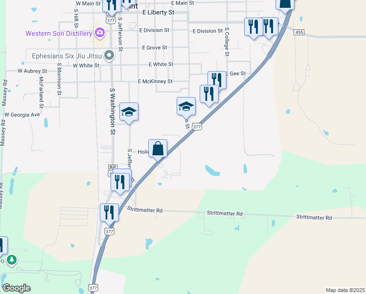 map of restaurants, bars, coffee shops, grocery stores, and more near 1045 U.S. 377 in Pilot Point
