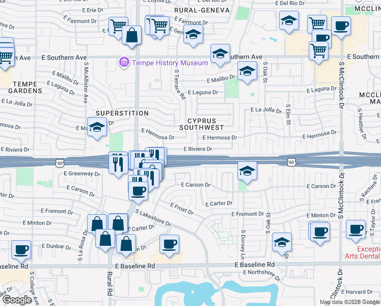 map of restaurants, bars, coffee shops, grocery stores, and more near 1068 East Greenway Drive in Tempe