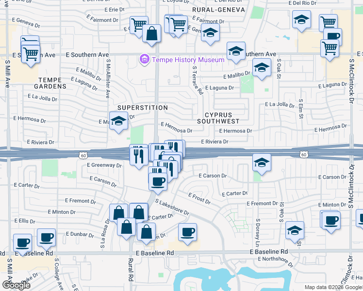 map of restaurants, bars, coffee shops, grocery stores, and more near 1038 East Greenway Drive in Tempe
