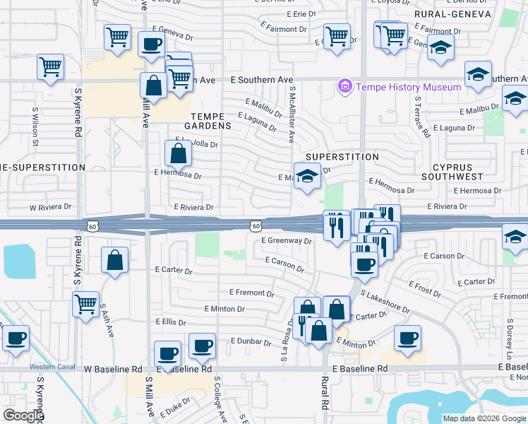 map of restaurants, bars, coffee shops, grocery stores, and more near 404 East Greenway Drive in Tempe