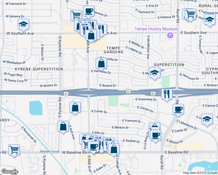 map of restaurants, bars, coffee shops, grocery stores, and more near 201 East Riviera Drive in Tempe