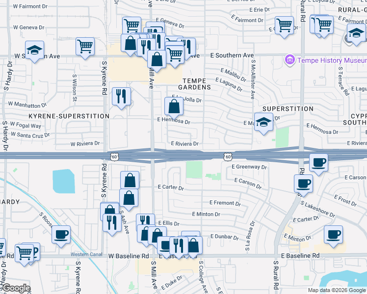 map of restaurants, bars, coffee shops, grocery stores, and more near 4410 South Grandview Avenue in Tempe