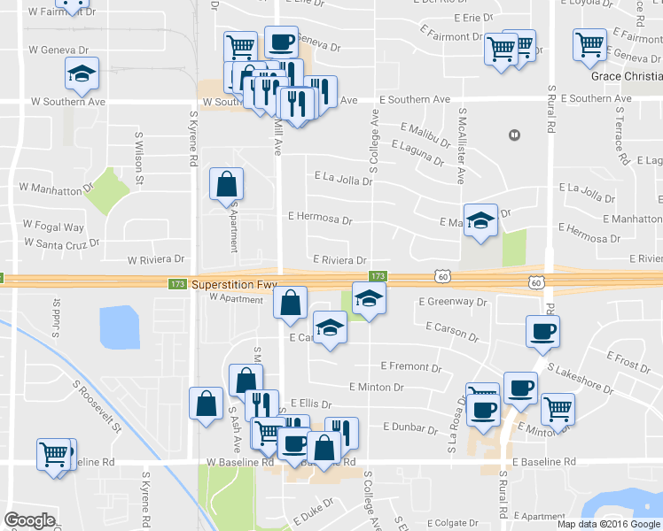 map of restaurants, bars, coffee shops, grocery stores, and more near 4410 South Grandview Avenue in Tempe