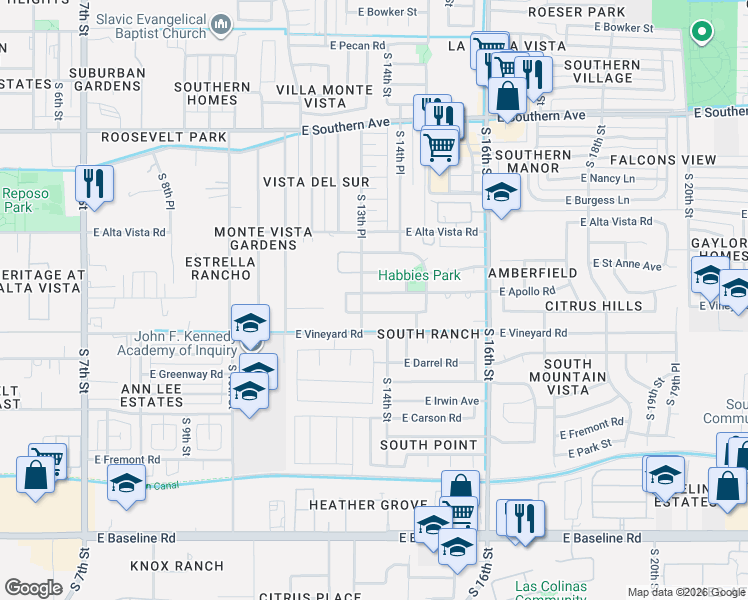 map of restaurants, bars, coffee shops, grocery stores, and more near 1345 East Saint Charles Avenue in Phoenix