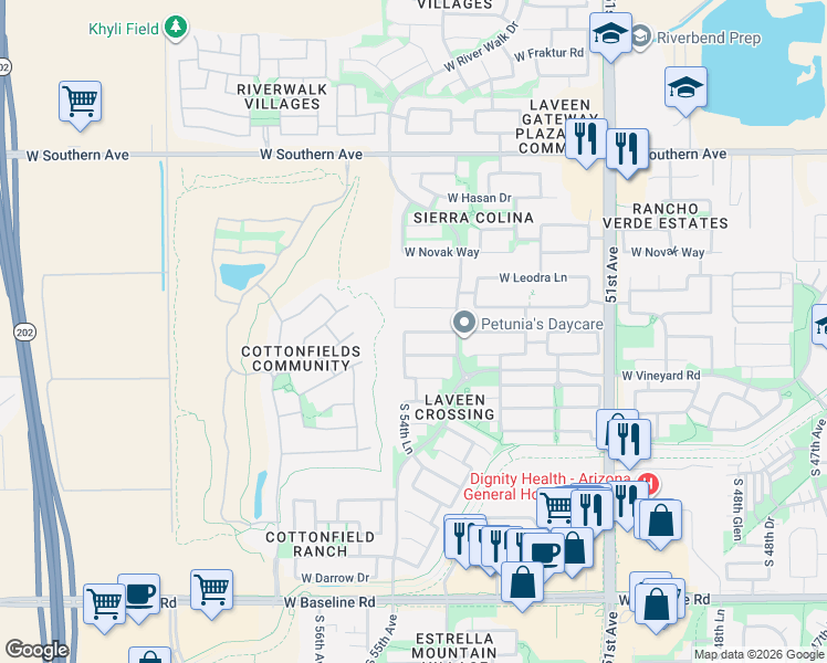 map of restaurants, bars, coffee shops, grocery stores, and more near 5433 West Apollo Road in Phoenix