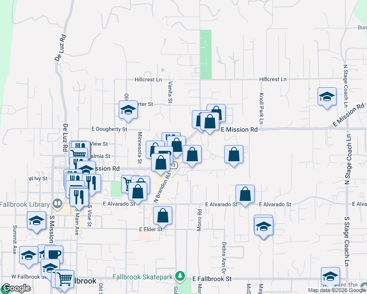 map of restaurants, bars, coffee shops, grocery stores, and more near 843 East Mission Road in Fallbrook