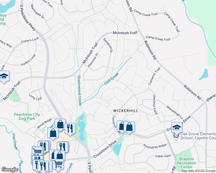 map of restaurants, bars, coffee shops, grocery stores, and more near 113 Kirton Turn in Peachtree City