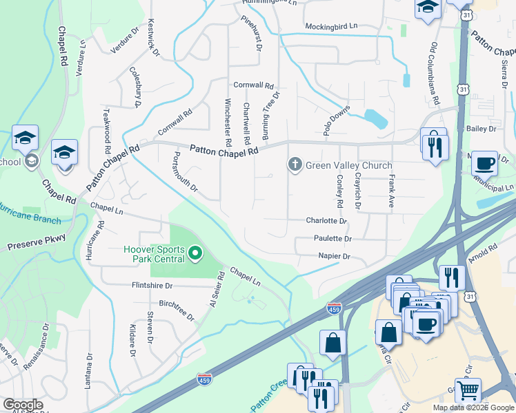 map of restaurants, bars, coffee shops, grocery stores, and more near 3475 Tamassee Lane in Birmingham