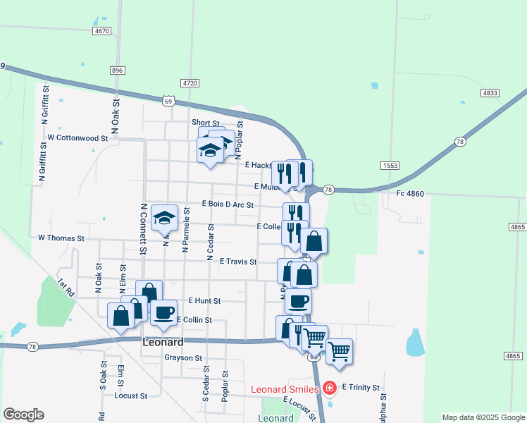 map of restaurants, bars, coffee shops, grocery stores, and more near 500 East College Street in Leonard