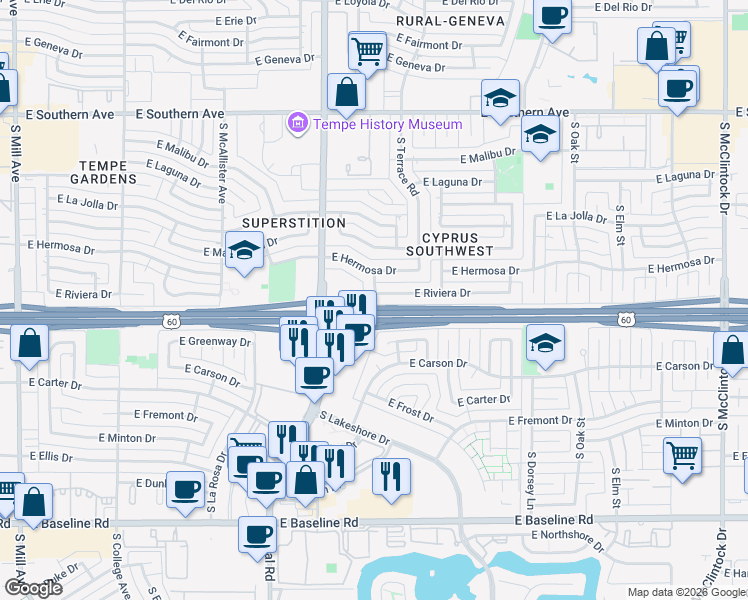 map of restaurants, bars, coffee shops, grocery stores, and more near 1038 East Greenway Drive in Tempe