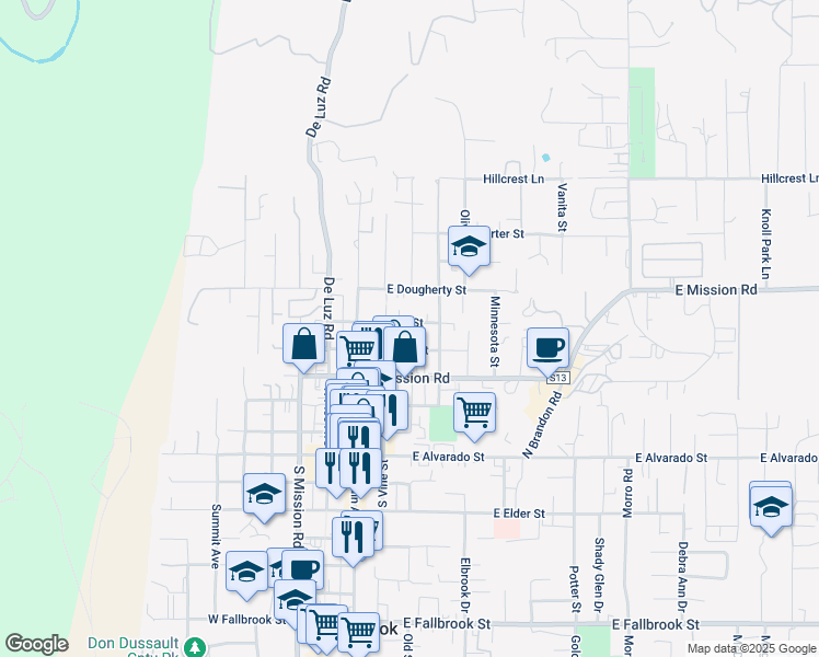 map of restaurants, bars, coffee shops, grocery stores, and more near 243 East View Street in Fallbrook