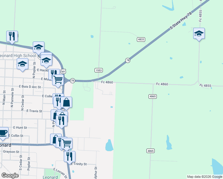 map of restaurants, bars, coffee shops, grocery stores, and more near Fc 4860 in Leonard