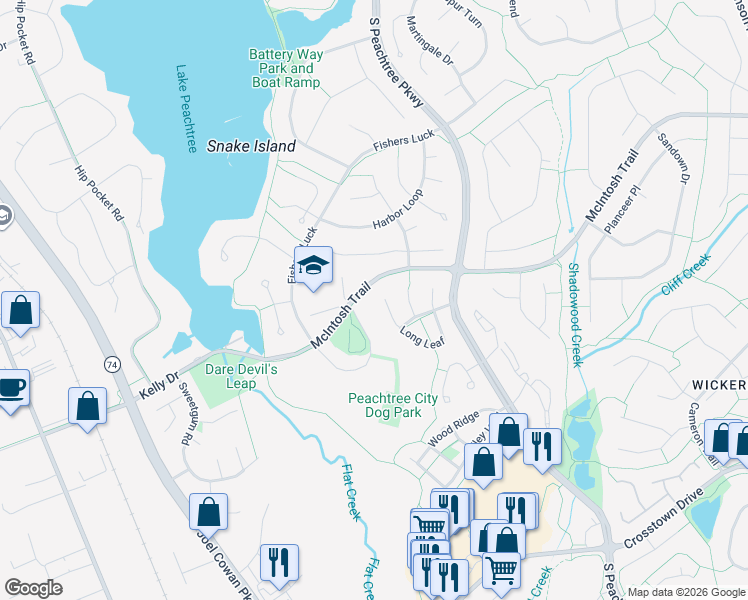 map of restaurants, bars, coffee shops, grocery stores, and more near 141 Long Leaf in Peachtree City