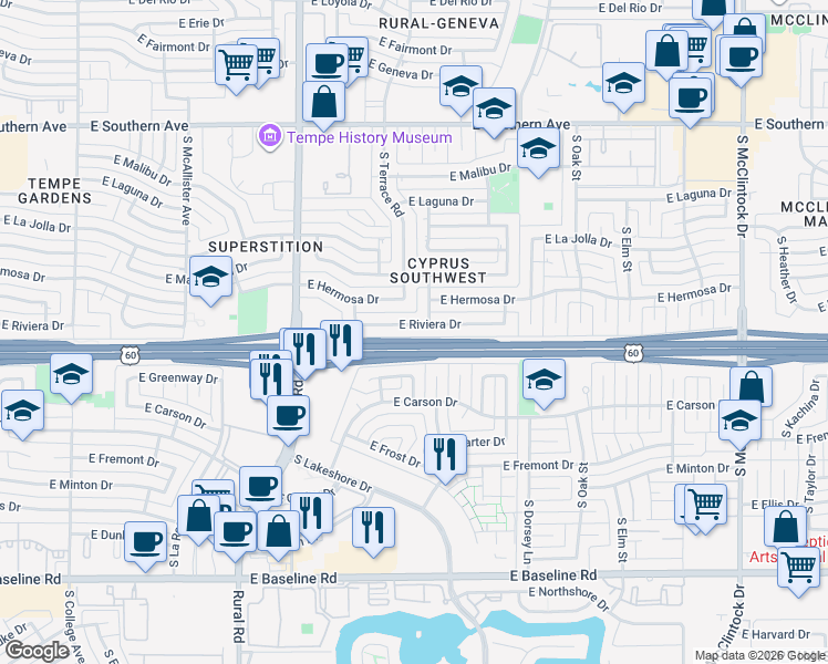 map of restaurants, bars, coffee shops, grocery stores, and more near 1068 East Greenway Drive in Tempe
