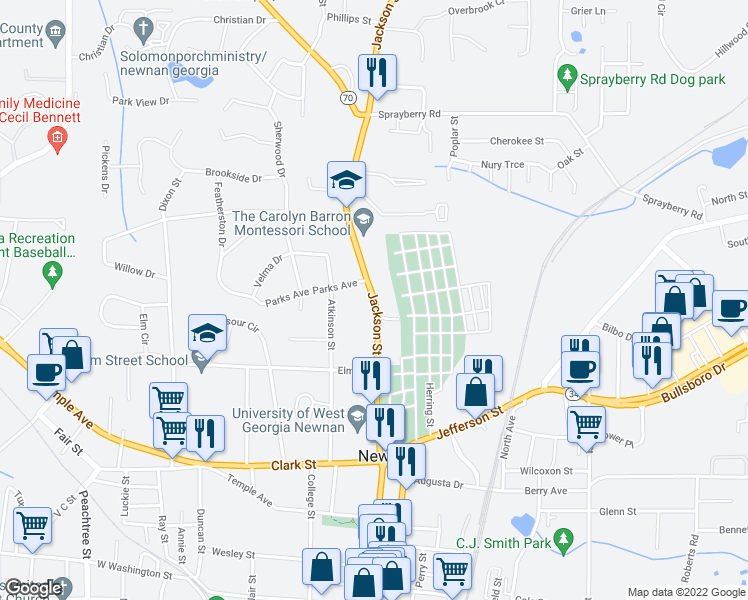 map of restaurants, bars, coffee shops, grocery stores, and more near Jackson Street in Newnan