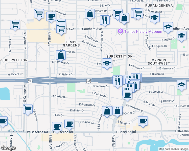 map of restaurants, bars, coffee shops, grocery stores, and more near 533 East Hermosa Drive in Tempe
