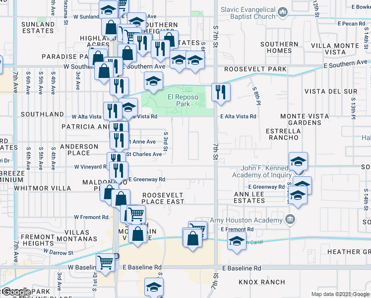 map of restaurants, bars, coffee shops, grocery stores, and more near 6525 South 4th Street in Phoenix