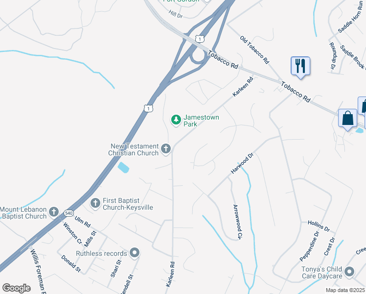 map of restaurants, bars, coffee shops, grocery stores, and more near 3656 Karleen Road in Hephzibah