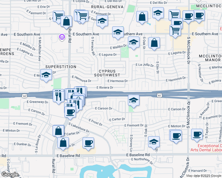 map of restaurants, bars, coffee shops, grocery stores, and more near 1203 South Newberry Road in Tempe