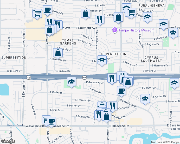 map of restaurants, bars, coffee shops, grocery stores, and more near 533 East Hermosa Drive in Tempe