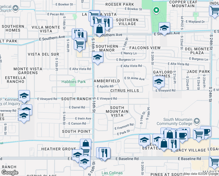 map of restaurants, bars, coffee shops, grocery stores, and more near 6441 South 16th Way in Phoenix