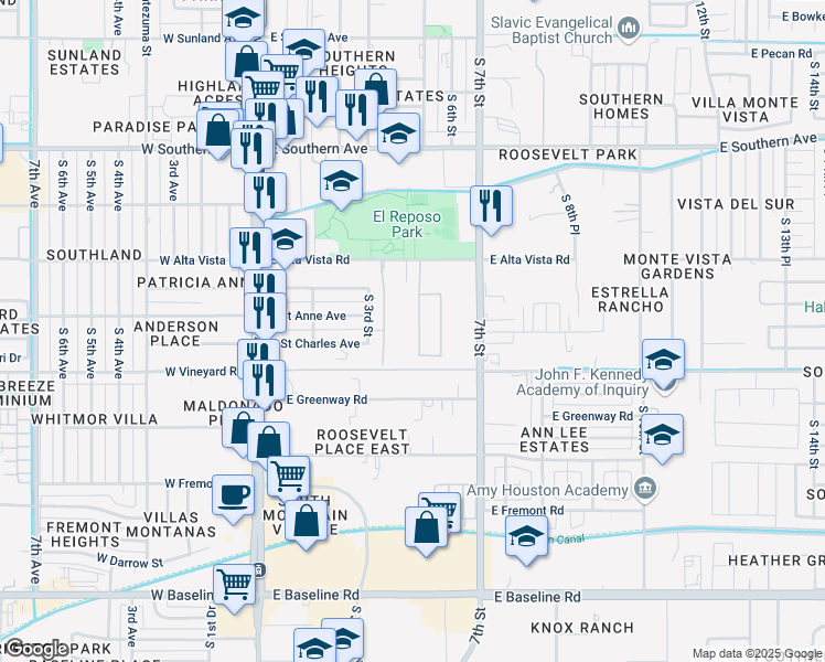 map of restaurants, bars, coffee shops, grocery stores, and more near 6525 South 4th Street in Phoenix