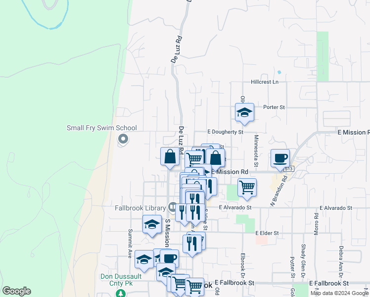map of restaurants, bars, coffee shops, grocery stores, and more near 623 De Luz Road in Fallbrook