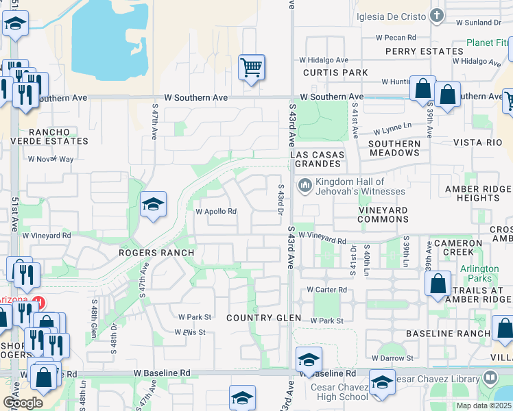 map of restaurants, bars, coffee shops, grocery stores, and more near 6561 South 44th Avenue in Phoenix