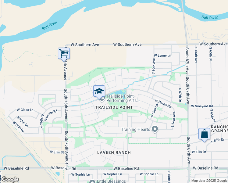 map of restaurants, bars, coffee shops, grocery stores, and more near 7275 West Vineyard Road in Phoenix