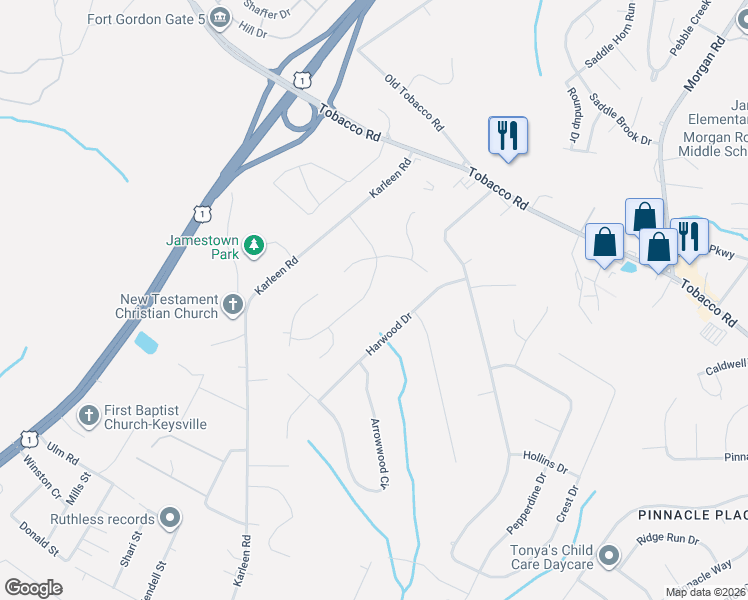 map of restaurants, bars, coffee shops, grocery stores, and more near 3513 Barker Drive in Hephzibah
