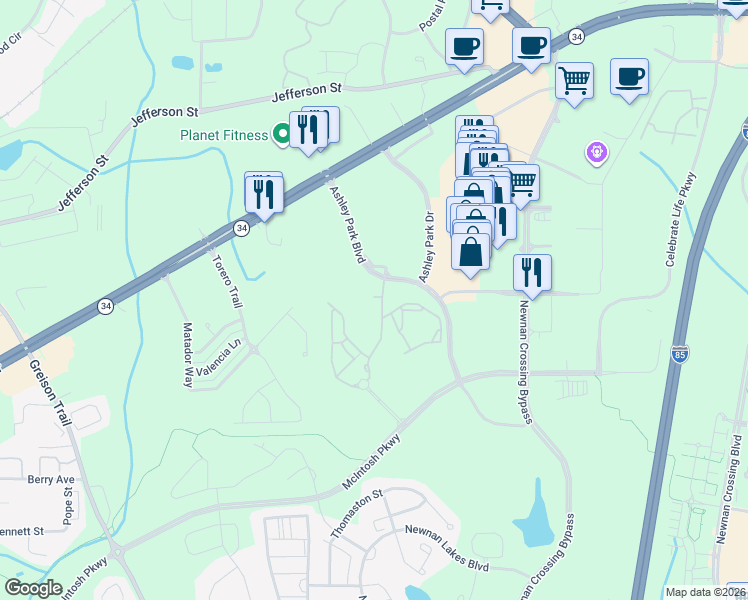 map of restaurants, bars, coffee shops, grocery stores, and more near 300 Ashley Park Boulevard in Newnan