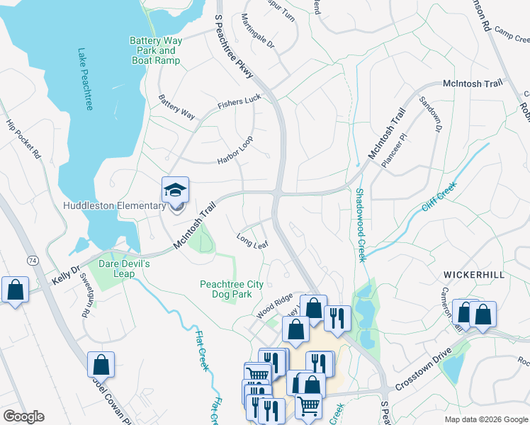 map of restaurants, bars, coffee shops, grocery stores, and more near 202 1st Leaf in Peachtree City