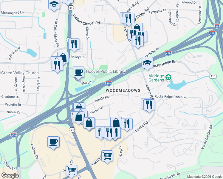map of restaurants, bars, coffee shops, grocery stores, and more near 4116 Heritage Place in Hoover