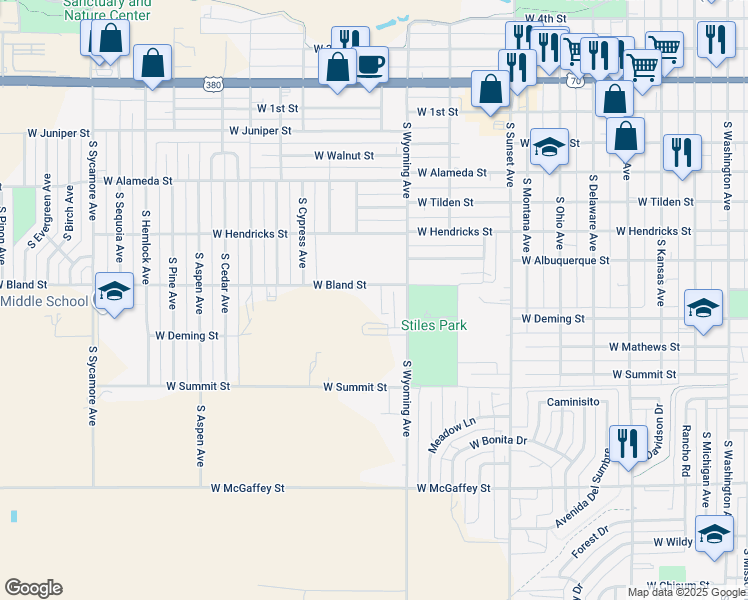 map of restaurants, bars, coffee shops, grocery stores, and more near 502 South Wyoming Avenue in Roswell