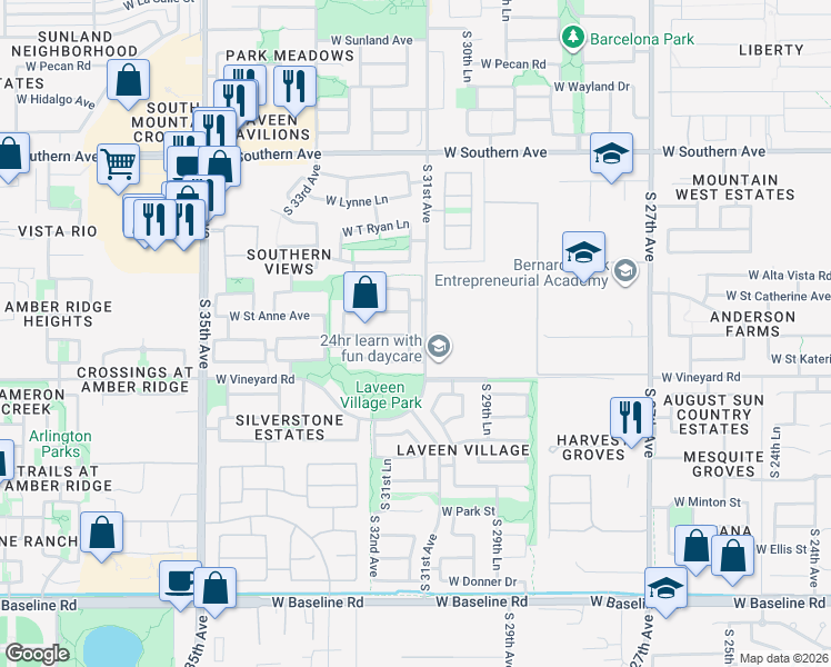 map of restaurants, bars, coffee shops, grocery stores, and more near 6625 South 31st Drive in Phoenix