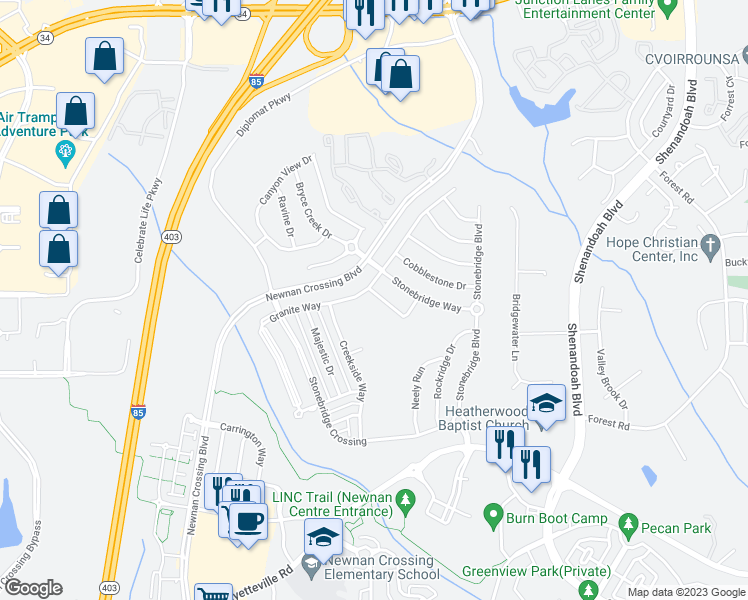 map of restaurants, bars, coffee shops, grocery stores, and more near 6 Stonesthrow Lane in Newnan