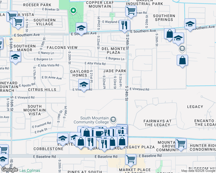 map of restaurants, bars, coffee shops, grocery stores, and more near 6613 South 22nd Place in Phoenix