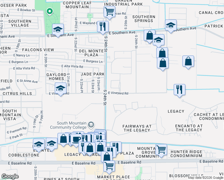 map of restaurants, bars, coffee shops, grocery stores, and more near 6619 South 24th Street in Phoenix