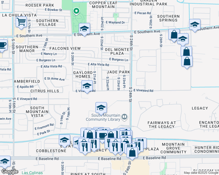 map of restaurants, bars, coffee shops, grocery stores, and more near 6613 South 22nd Place in Phoenix