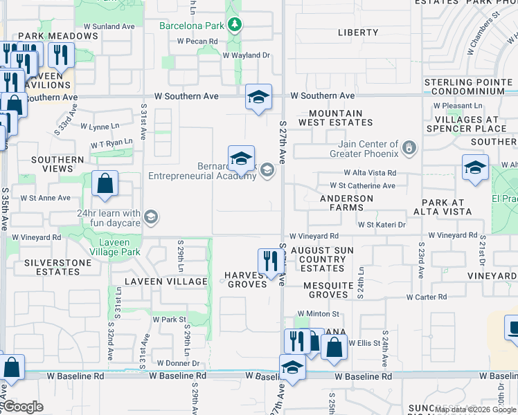 map of restaurants, bars, coffee shops, grocery stores, and more near 6550 South 27th Avenue in Phoenix