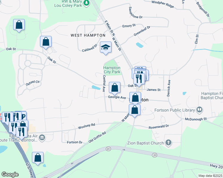 map of restaurants, bars, coffee shops, grocery stores, and more near 18 Oak Street in Hampton