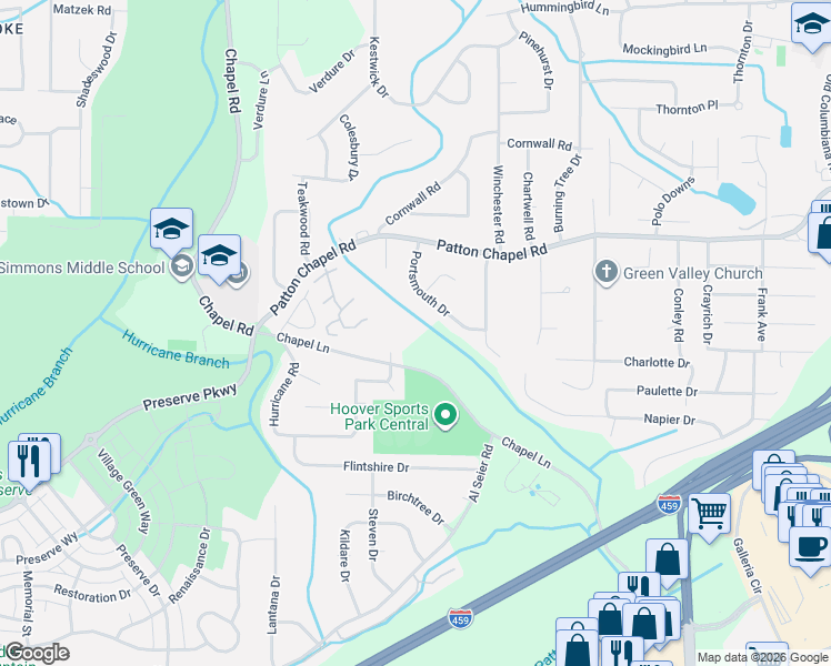 map of restaurants, bars, coffee shops, grocery stores, and more near 3420 Portsmouth Drive in Birmingham