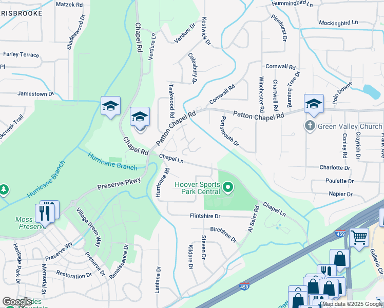 map of restaurants, bars, coffee shops, grocery stores, and more near 1902 Patton Creek Lane in Hoover